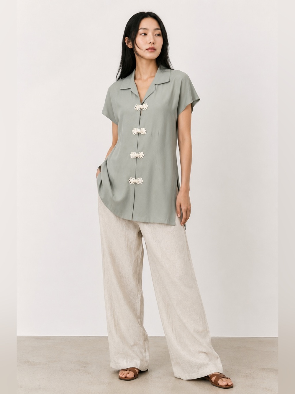 Vintage Sage Green Frog Closure Tunic Top Asian Inspired Small